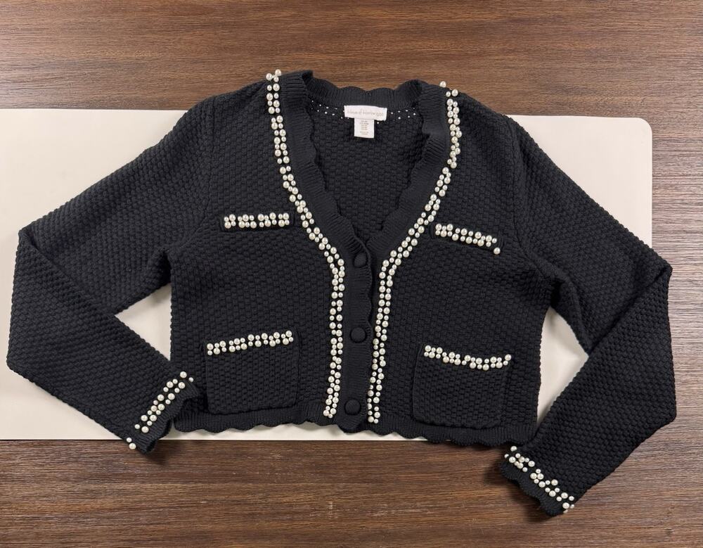 House Of Harlow 1960 Pearl Embellished Cardigan Black Crop Preppy Coco Sz M